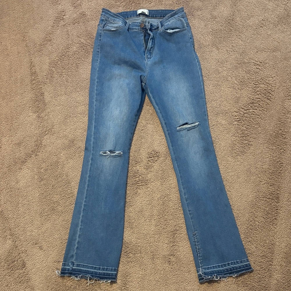 Forever 21 Blue Flare Jeans with Distressed Details